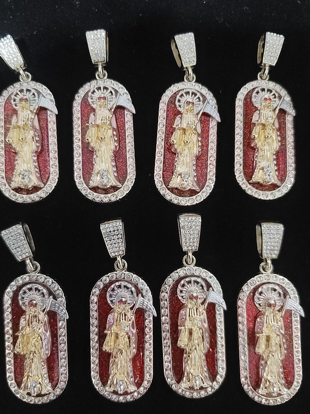 Gold Saint Death Pendant - Red Background With Rhinstones Bundle Of 8